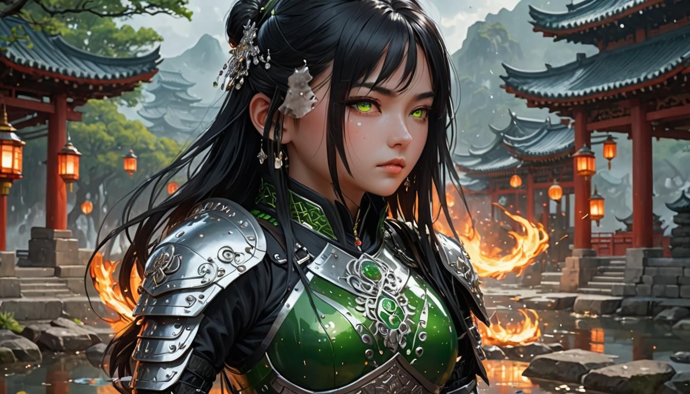 Anime Woman in Titanium Armor Near Temple