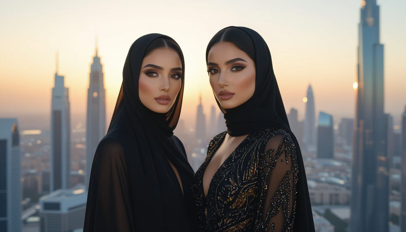 Arab Women in Haute Couture Cityscape at Golden Hour