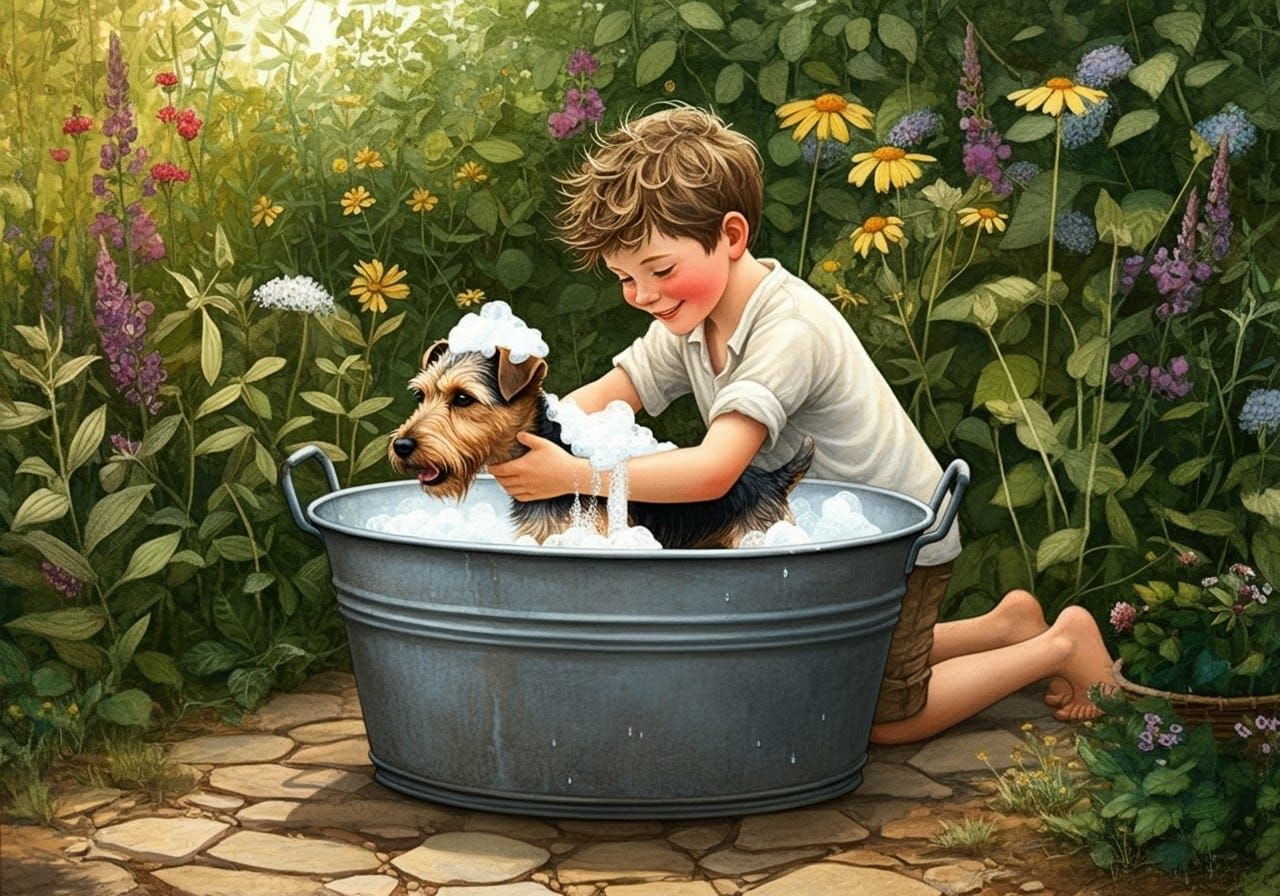 Boy Bathes Dog: Detailed Folk Art Illustration