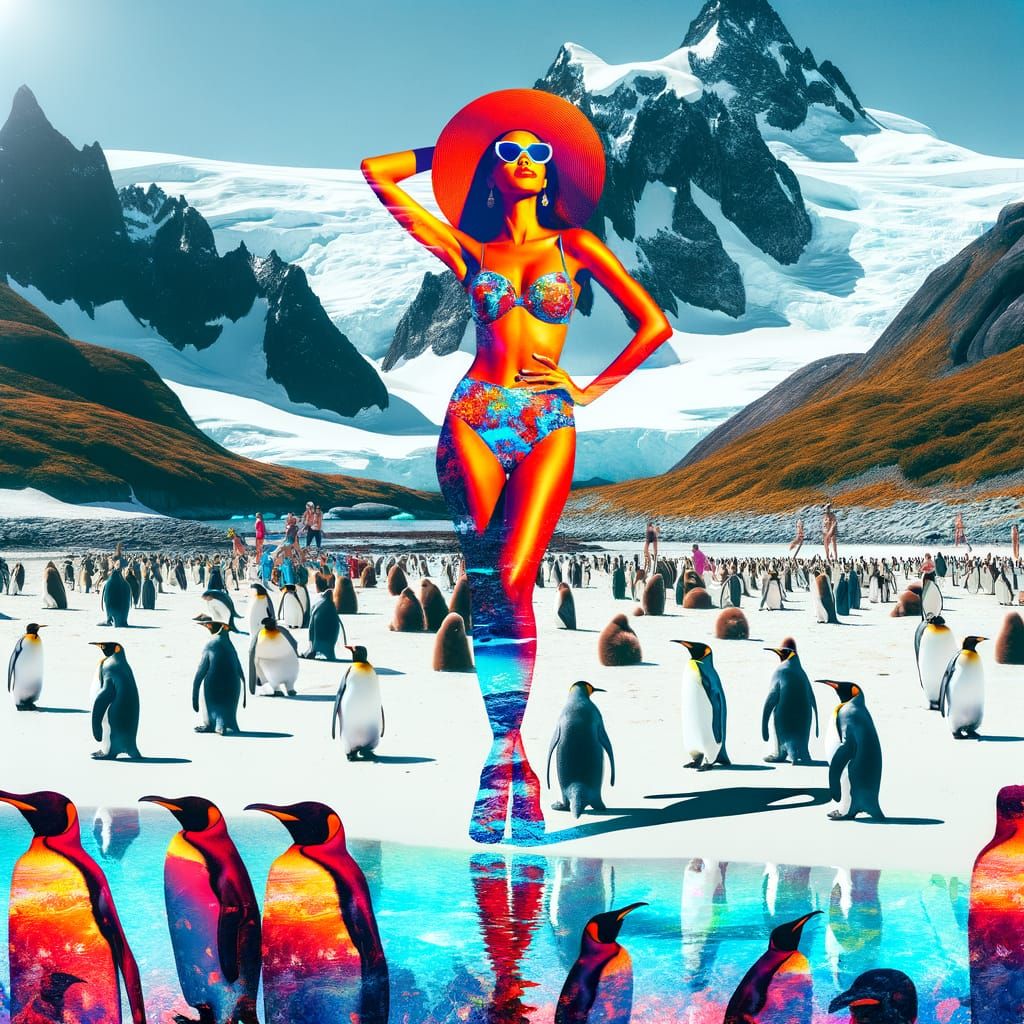 Woman in Bikini on Penguin Beach in Antarctica