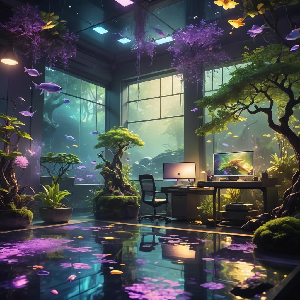 Serene Futuristic Room with Bioluminescent Plantlife