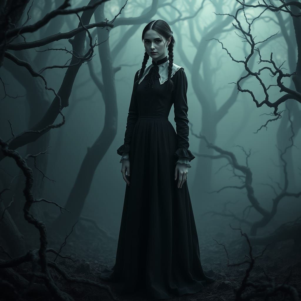 Gothic Mercredi Addams in Eerie Forest
