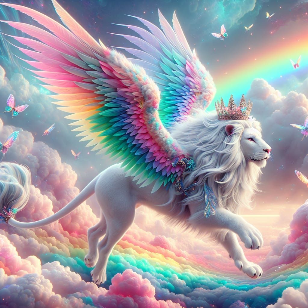 Pastel Winged Lion King in Rainbow Clouds