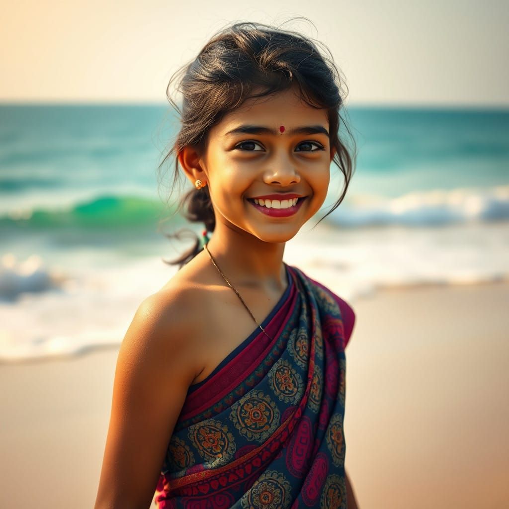 Intricately Dressed Girl Smiling on Goa Beach