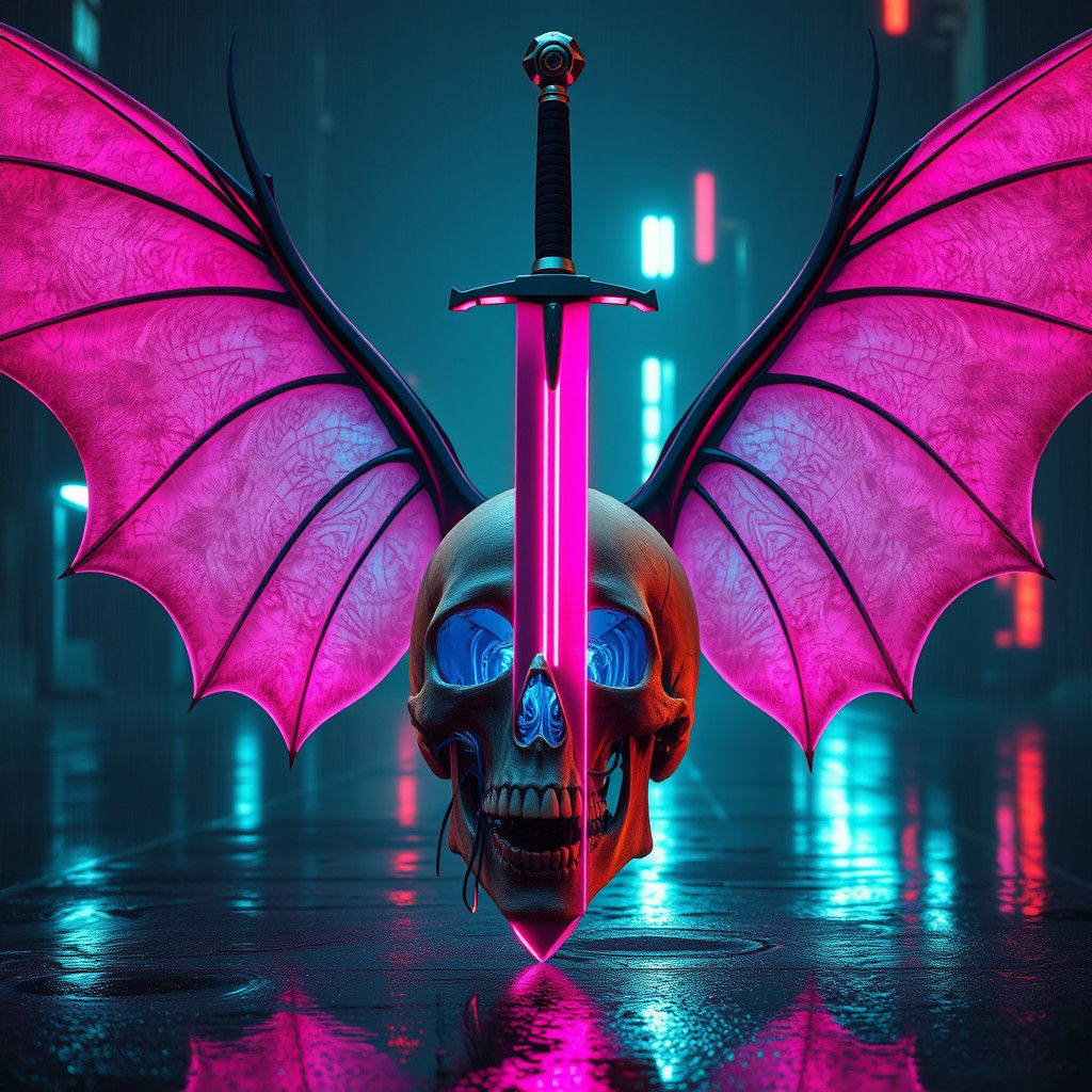 Futuristic Sword Pierces Skull with Wings in Cyberpunk Style