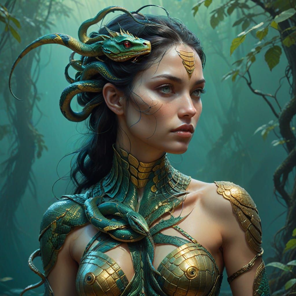 Ethereal Naga Goddess with Iridescent Scales in Vibrant Turq...