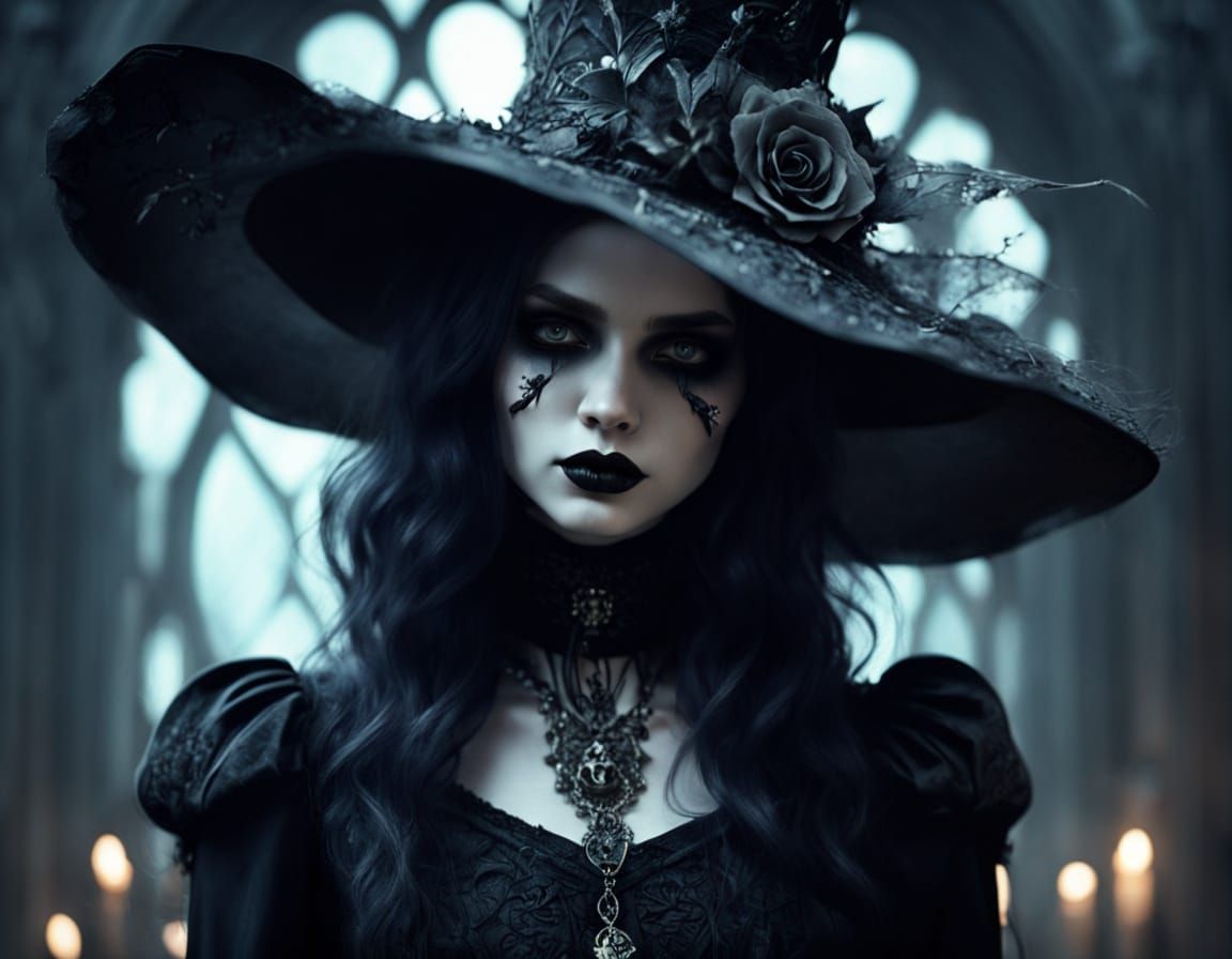 Gothic Witch in Ornate Hat, Dark Fantasy Art
