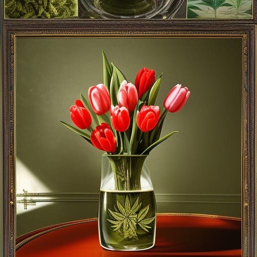 Cannabis and Tulips Still Life on Rococo Table