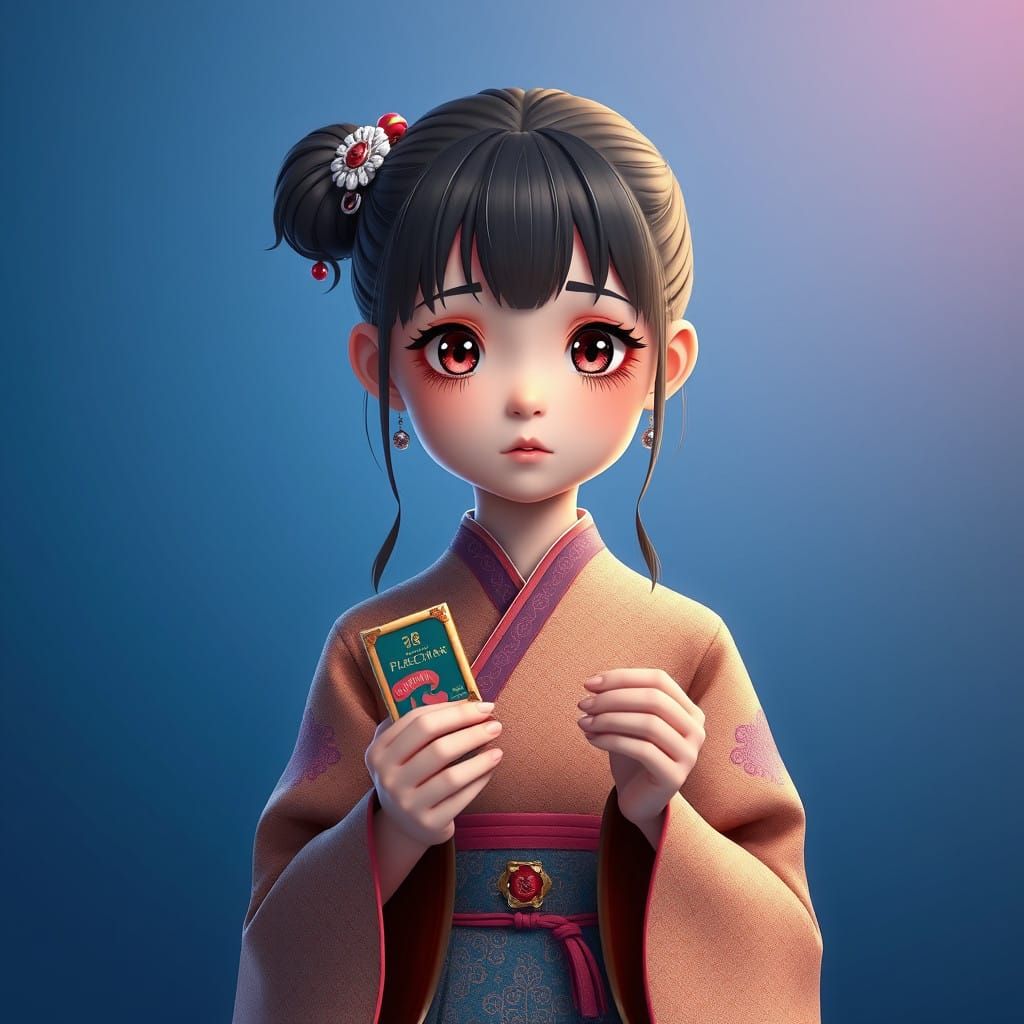 Anime-Inspired Girl Holding Miniature Matchbox in Soft Blue...
