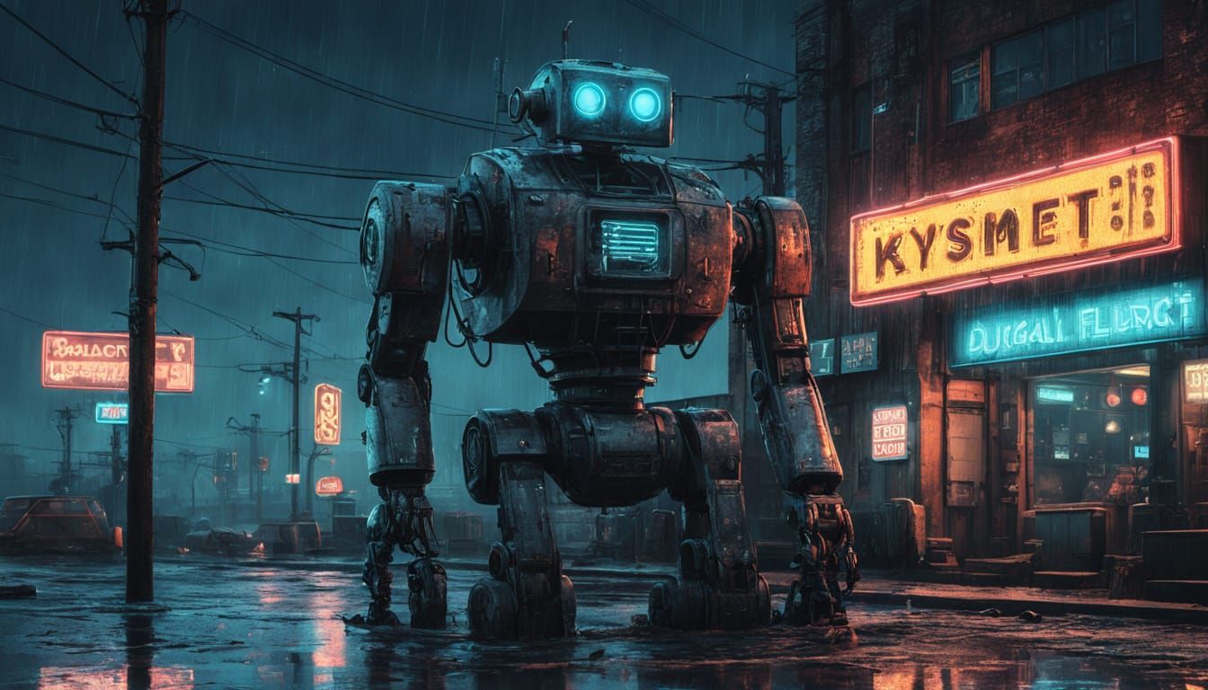 Surreal Dystopian Robot Sinks into a Futuristic Wasteland