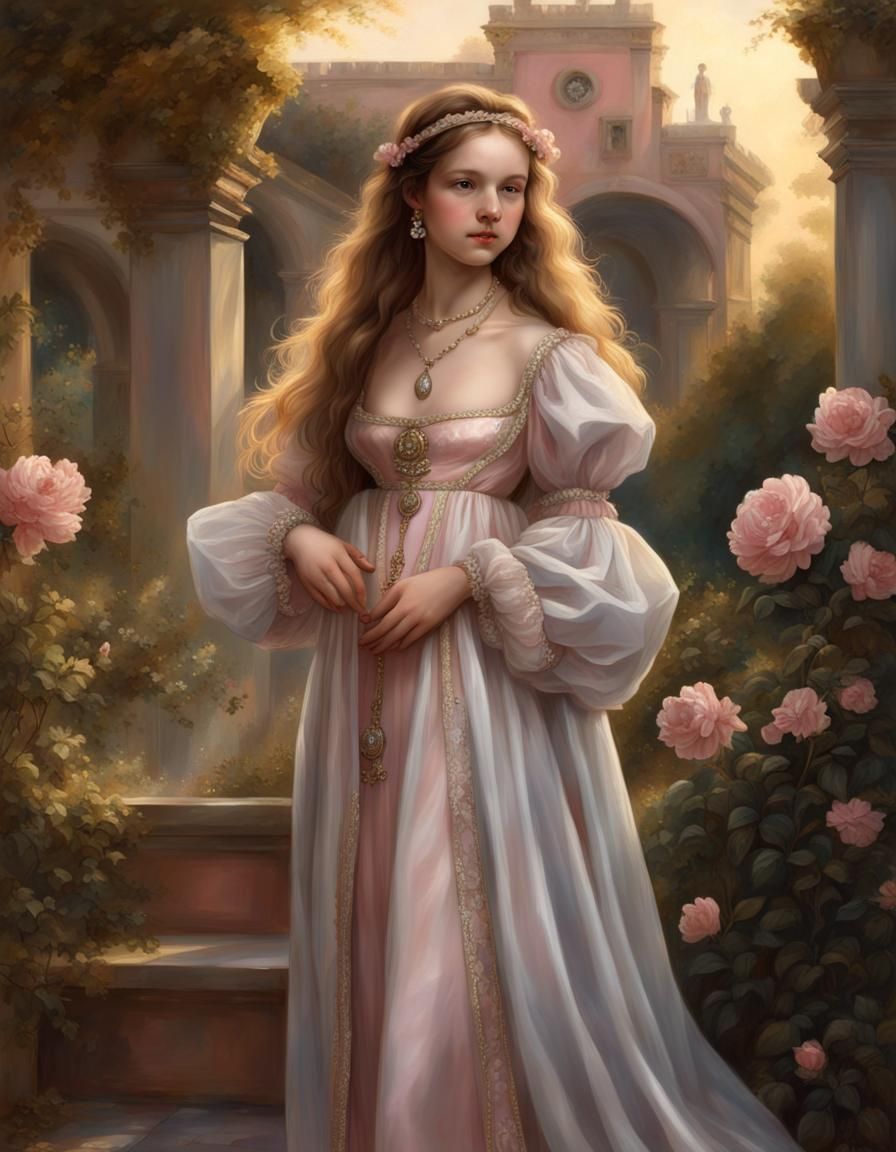 Renaissance Girl in Garden with Pearl Necklaces