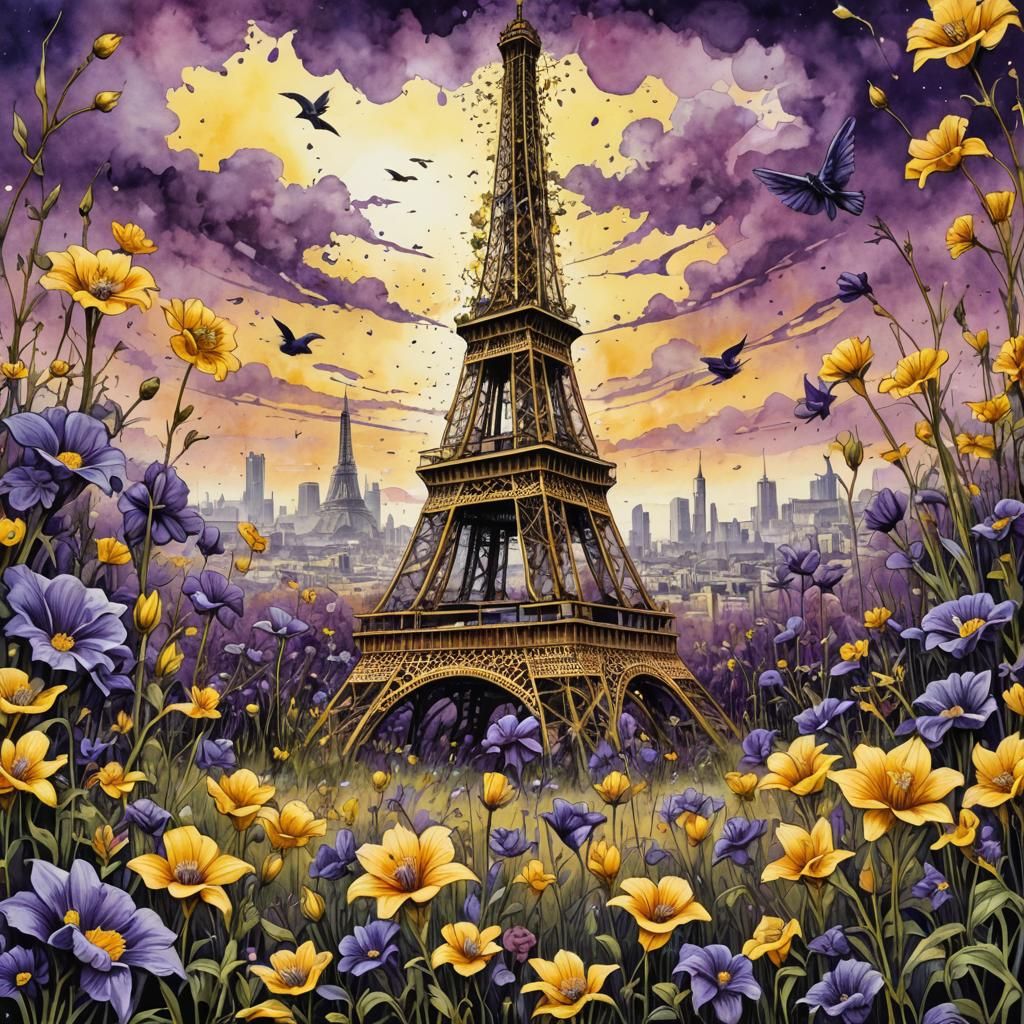 Eiffel Tower Columbine Flower Field: Hyperrealistic Watercol...