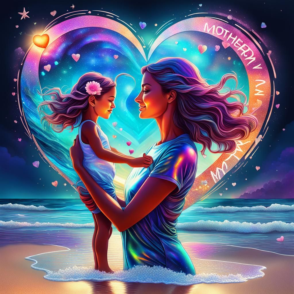 Mother's Day Beach Scene in Cosmic Holographic Style