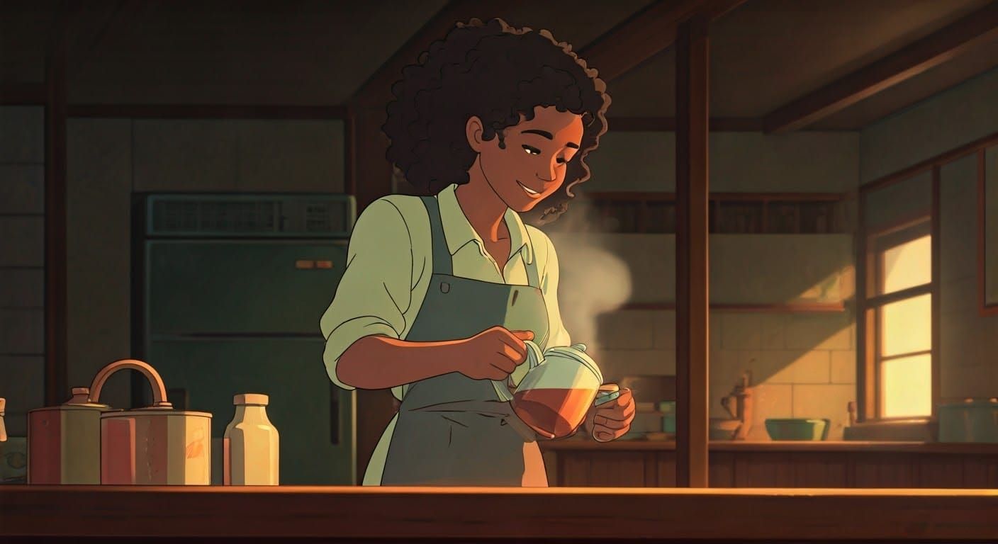 Smiling Woman Pours Tea, Ghibli-Style Anime Art
