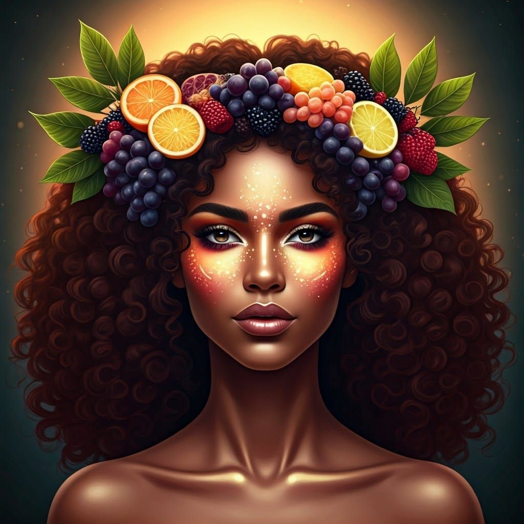 Dark Goddess with Fruit Crown and Vibrant Makeup in Whimsica...