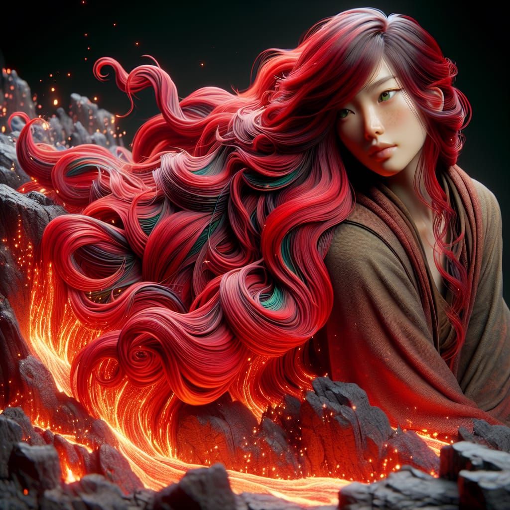 Vibrant Asian Woman in Crimson Red Hair Flows like Lava
