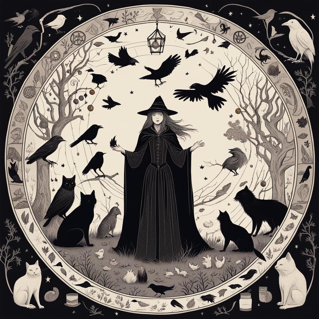 Enchanting Witch with Familiars in Magic Circle