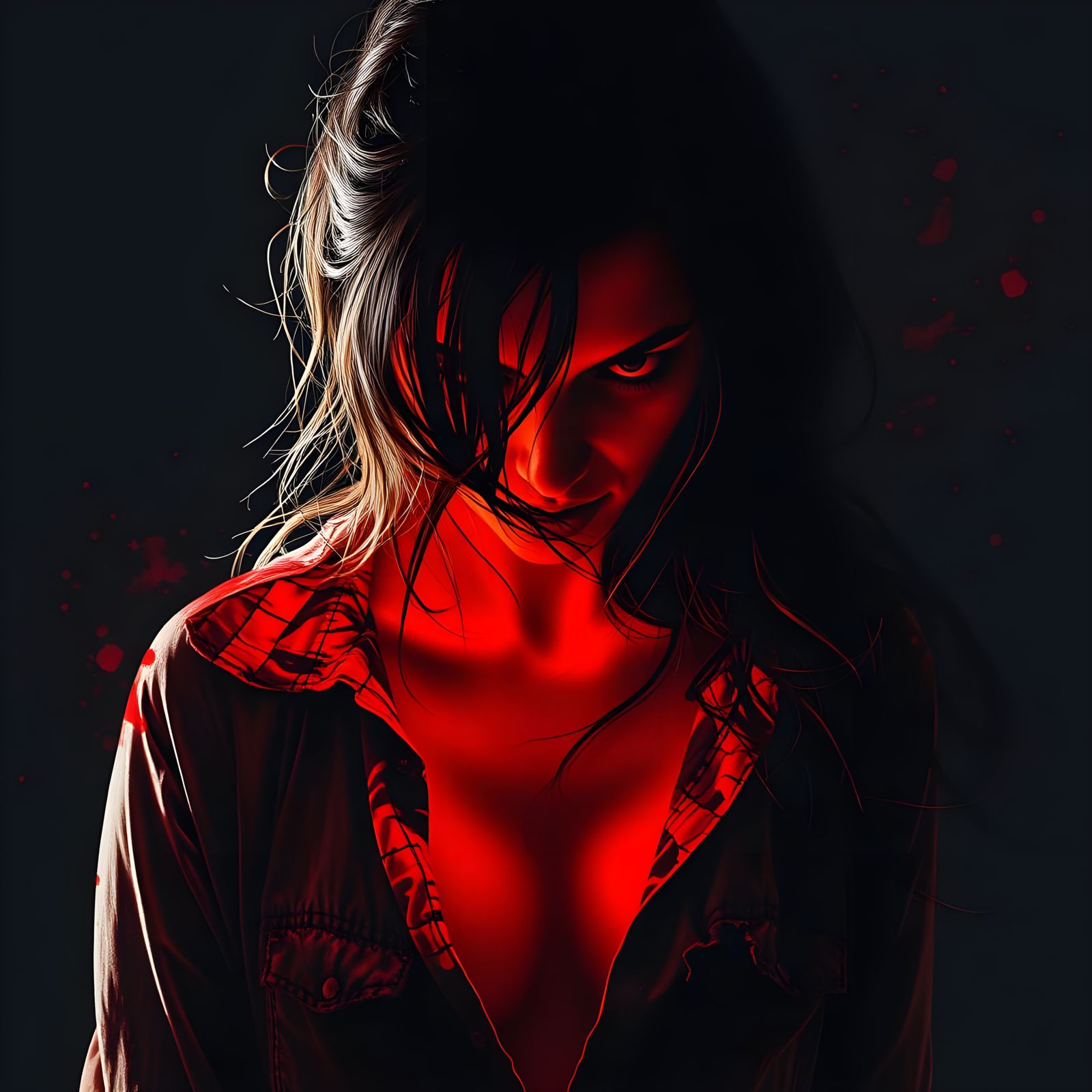 Surreal Portrait of a Dark Goddess in Flaming Red Light
