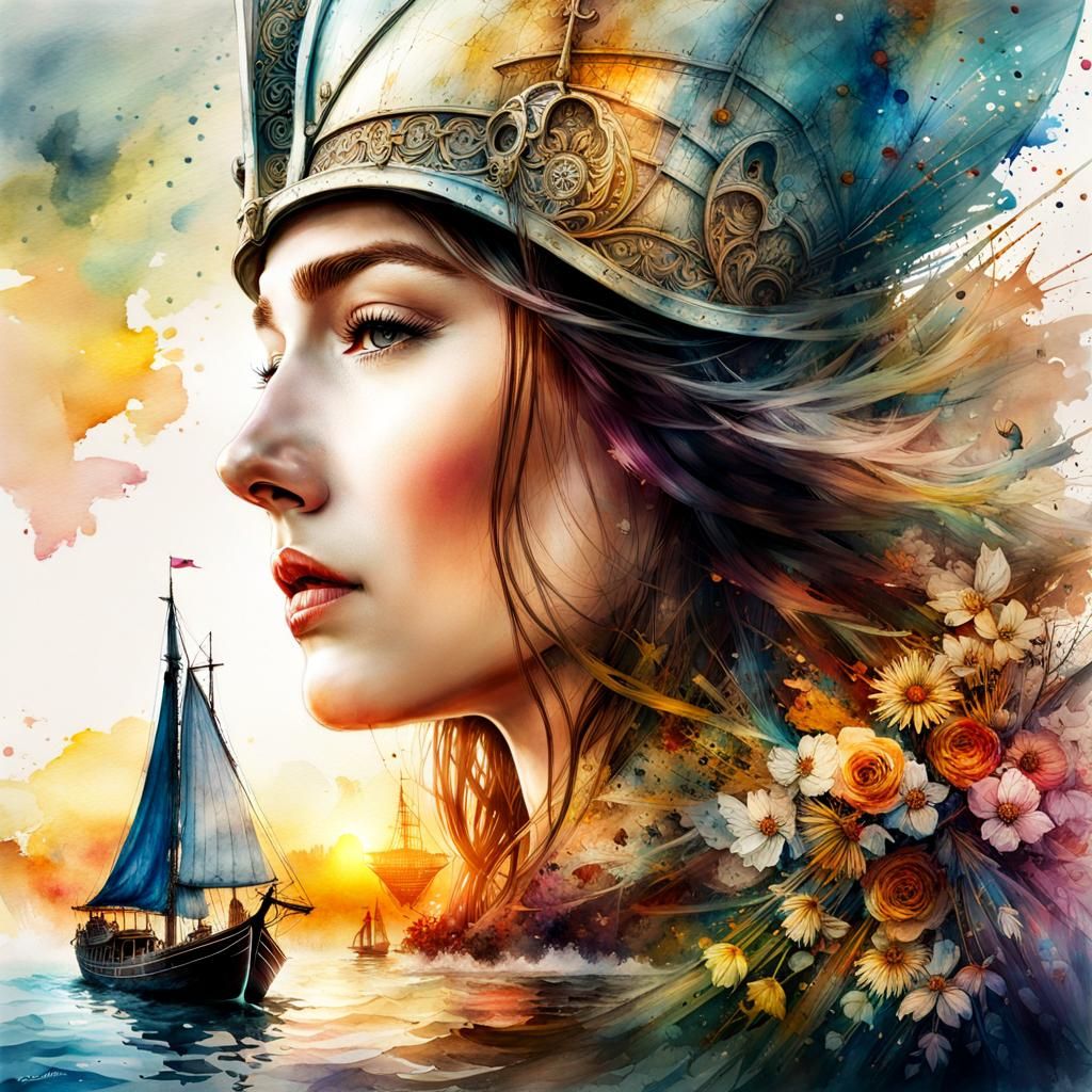 Medieval Knight and Ships in Watercolor Style