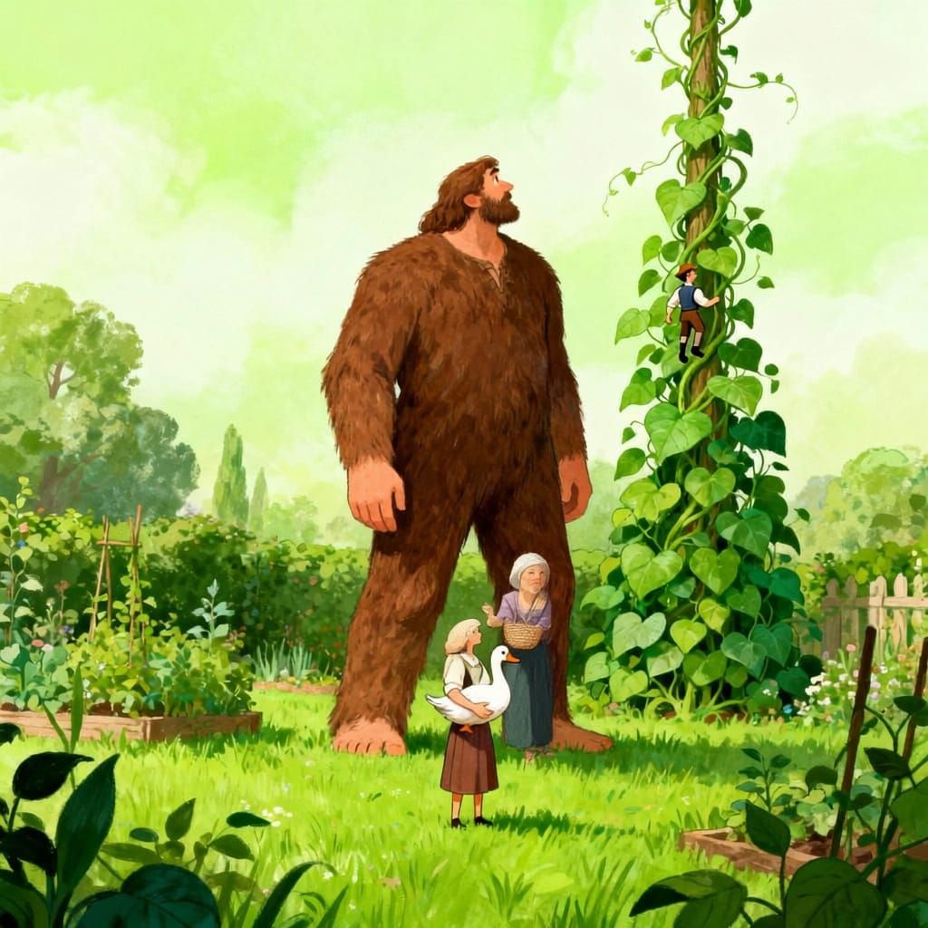 Giant Searches Garden for Tiny Woman and Goose, Beanstalk in...
