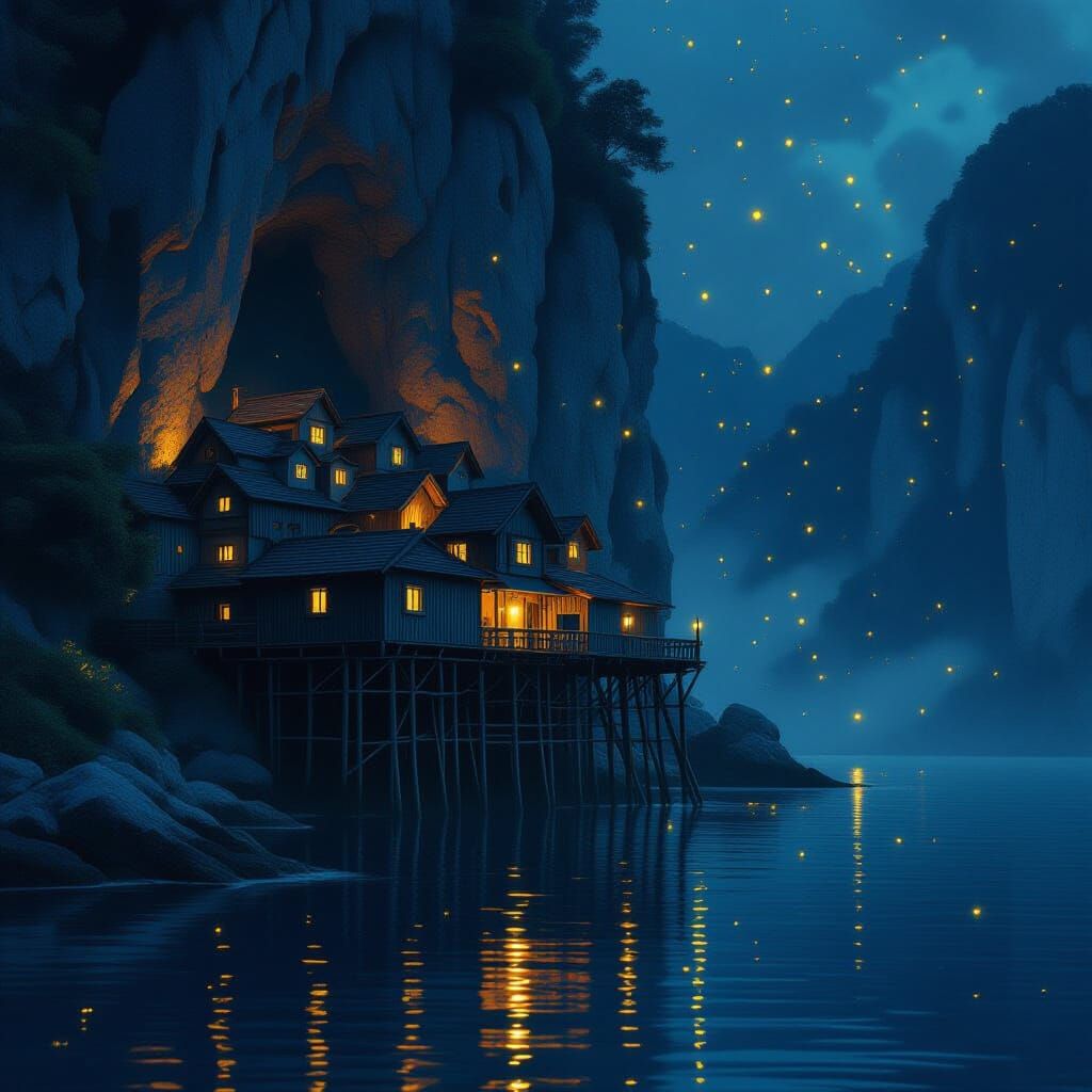 Cliffside Village at Night with Fireflies, Digital Matte Pai...