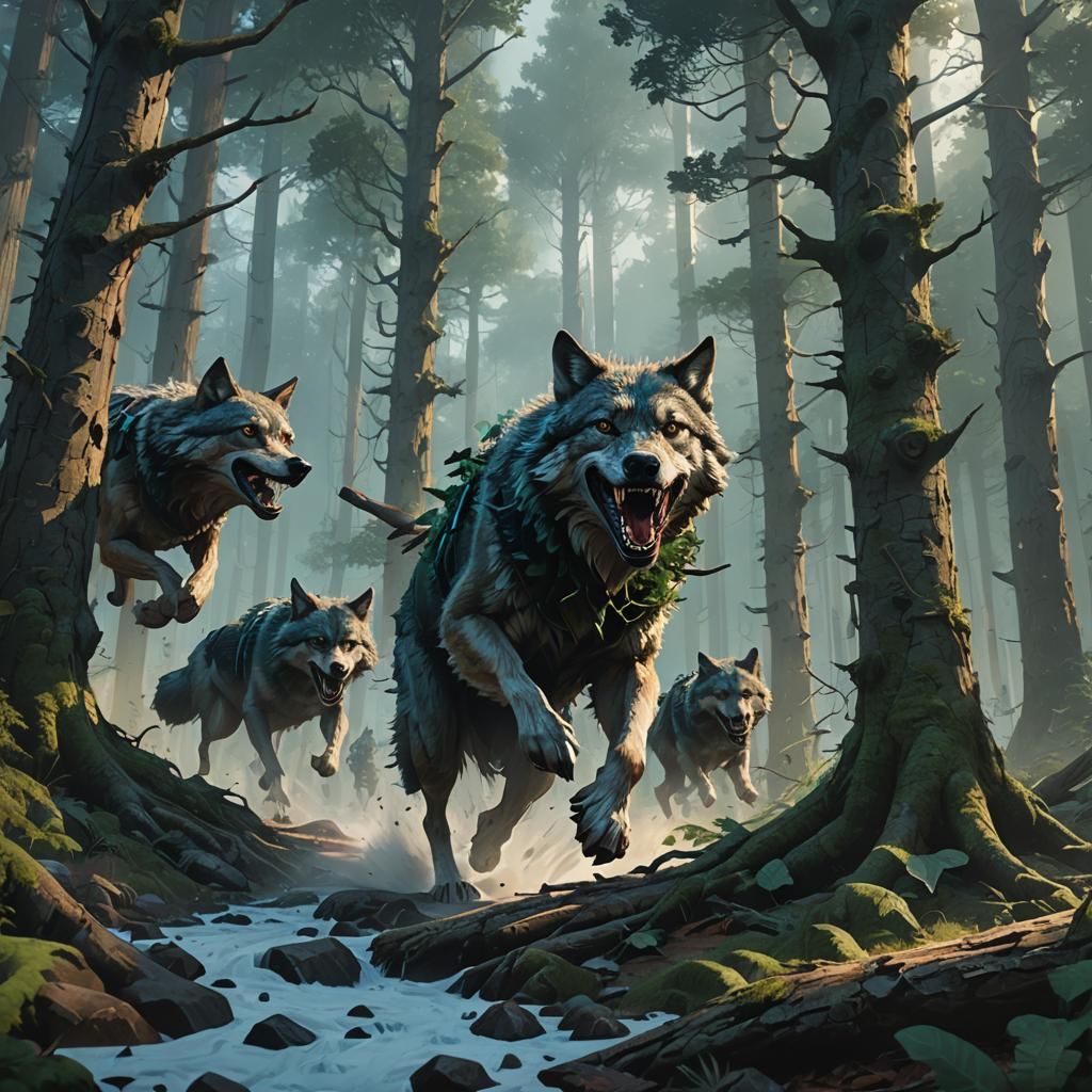 Wolves' Sausage Run: Fantasy Art in Realistic Style
