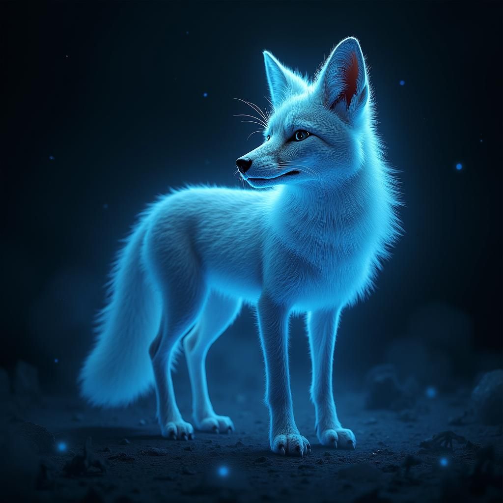 Mystical Blue Fox Radiating Light in the Darkness