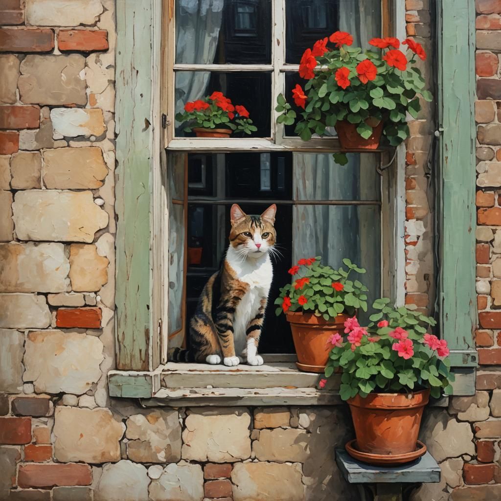 Cat with Geraniums in Window: Impasto Painting
