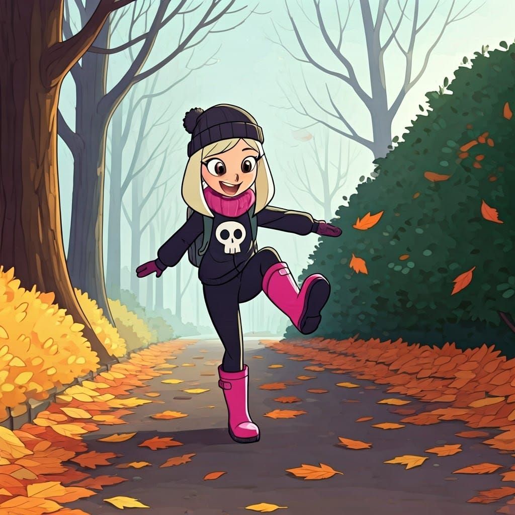 Girl with Pink Hair Kicking Leaves in Park