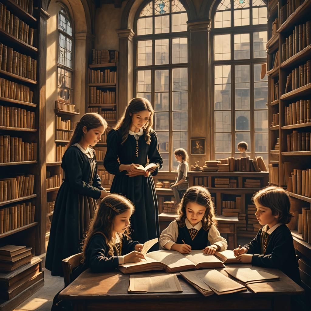 Renaissance Library Scene with Children Learning