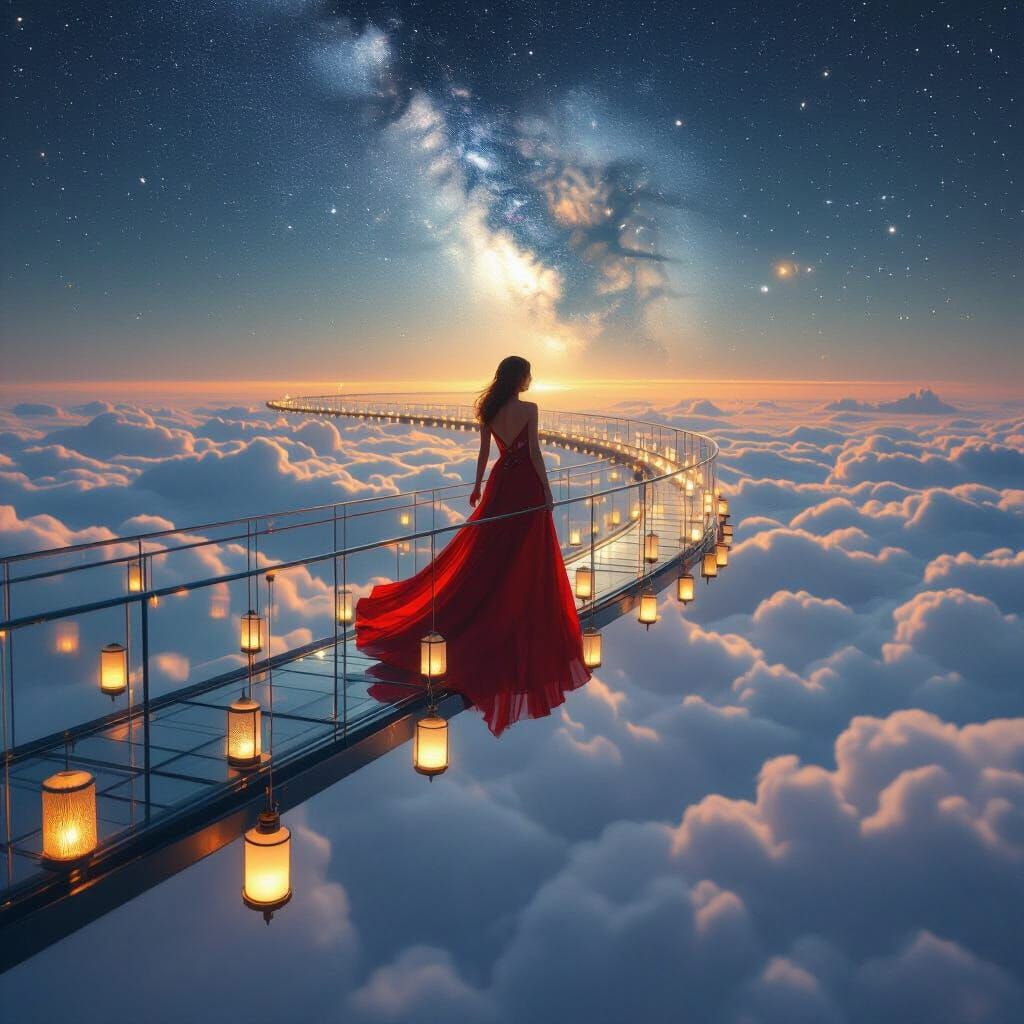 Woman on Glass Bridge Under Lanterns in Fantasy Realism