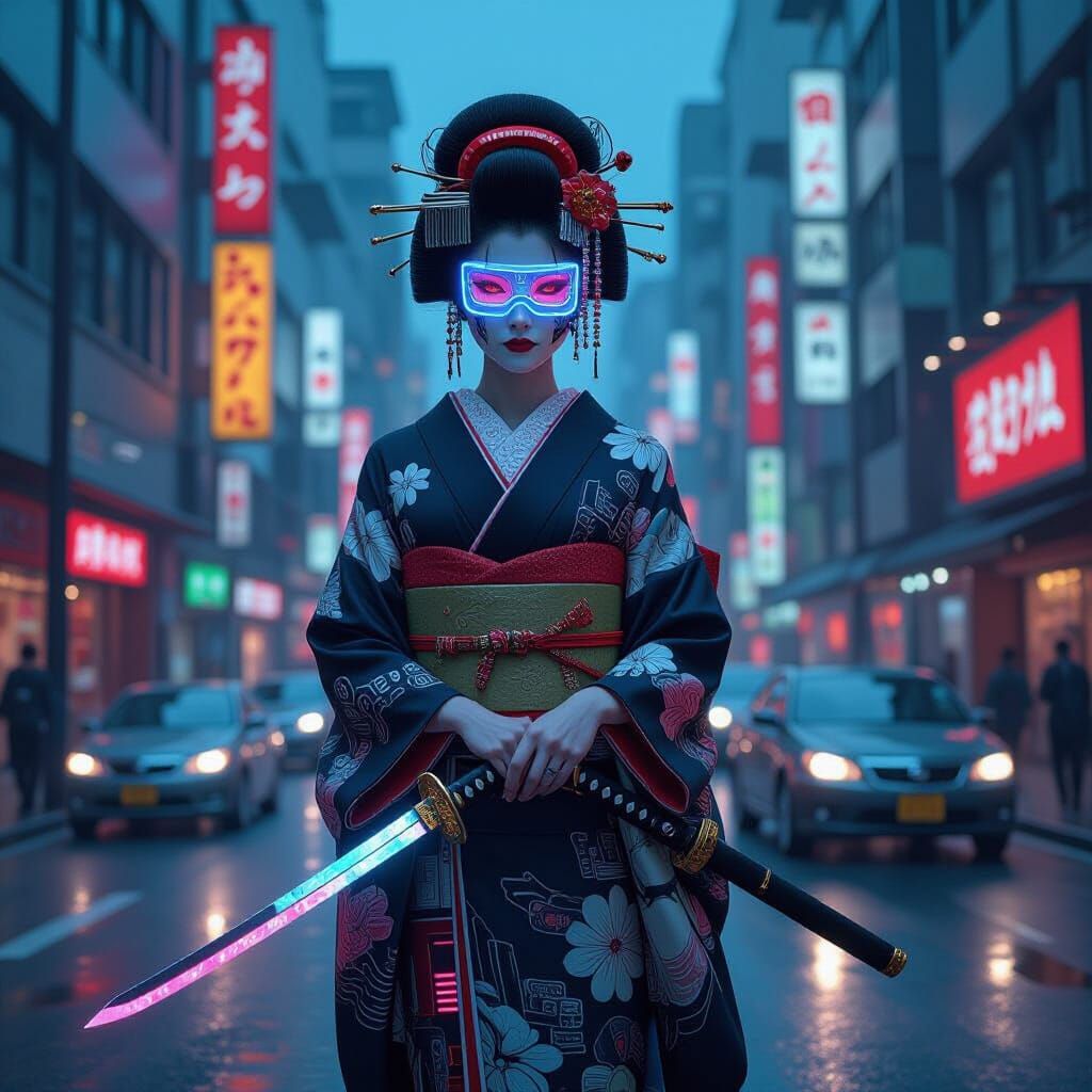 Cyberpunk Geisha in Neon Tokyo Street