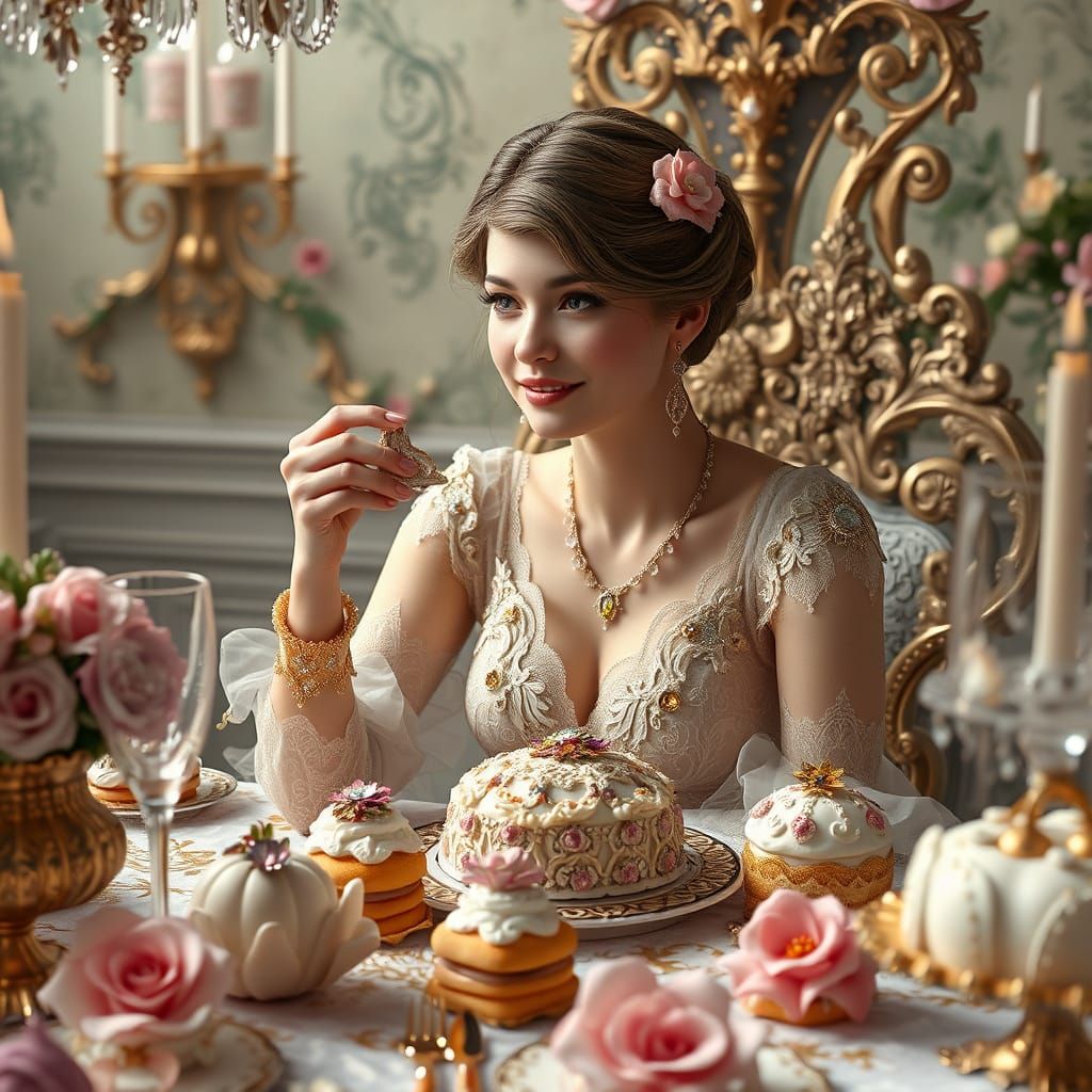 Mystical Woman in Whimsical Feast, Victorian-Era Dreamscape