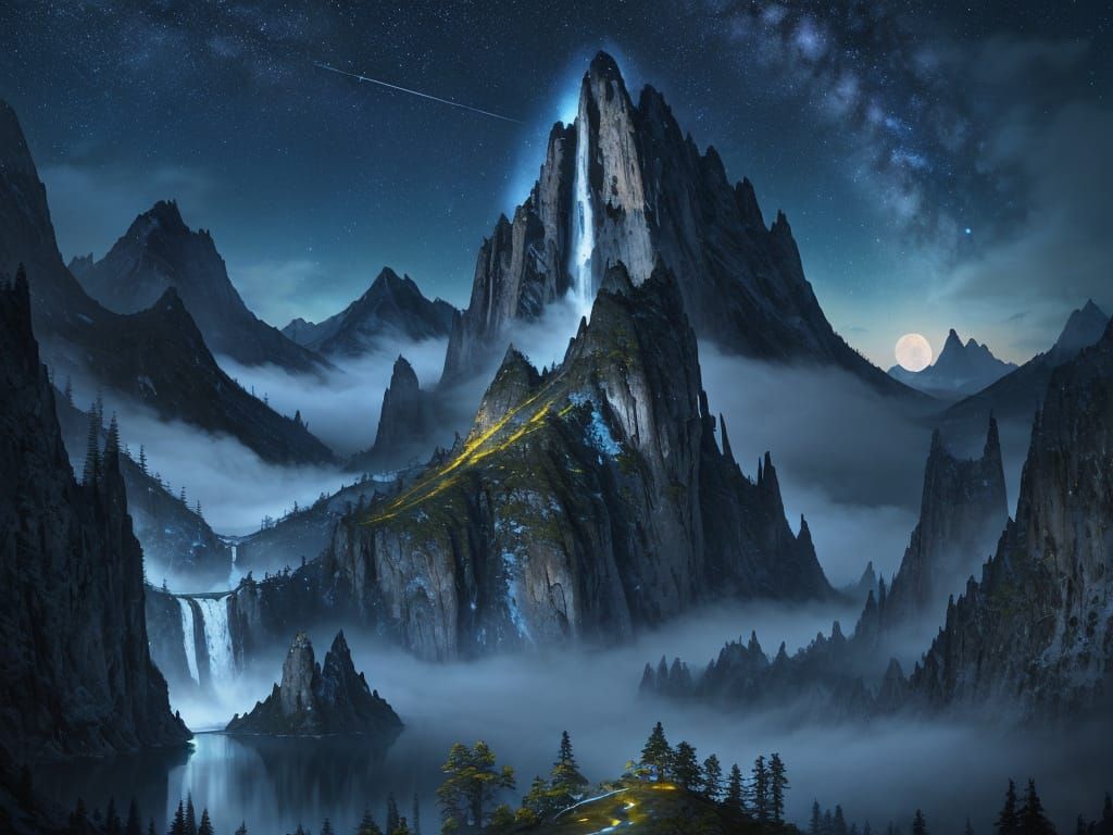 Breathtaking Mountain Landscape Under a Starry Twilight Sky