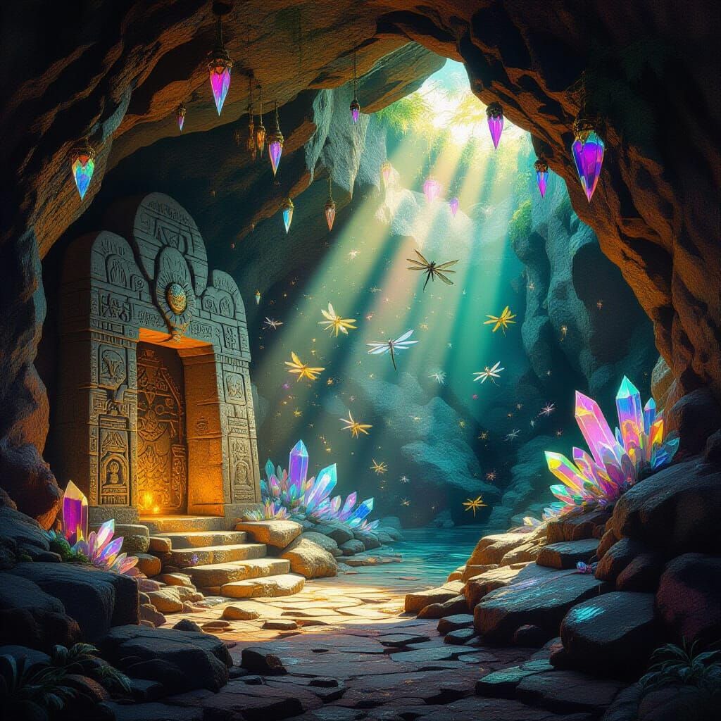 Mystical Neolithic Cave with Crystals and Dragonflies