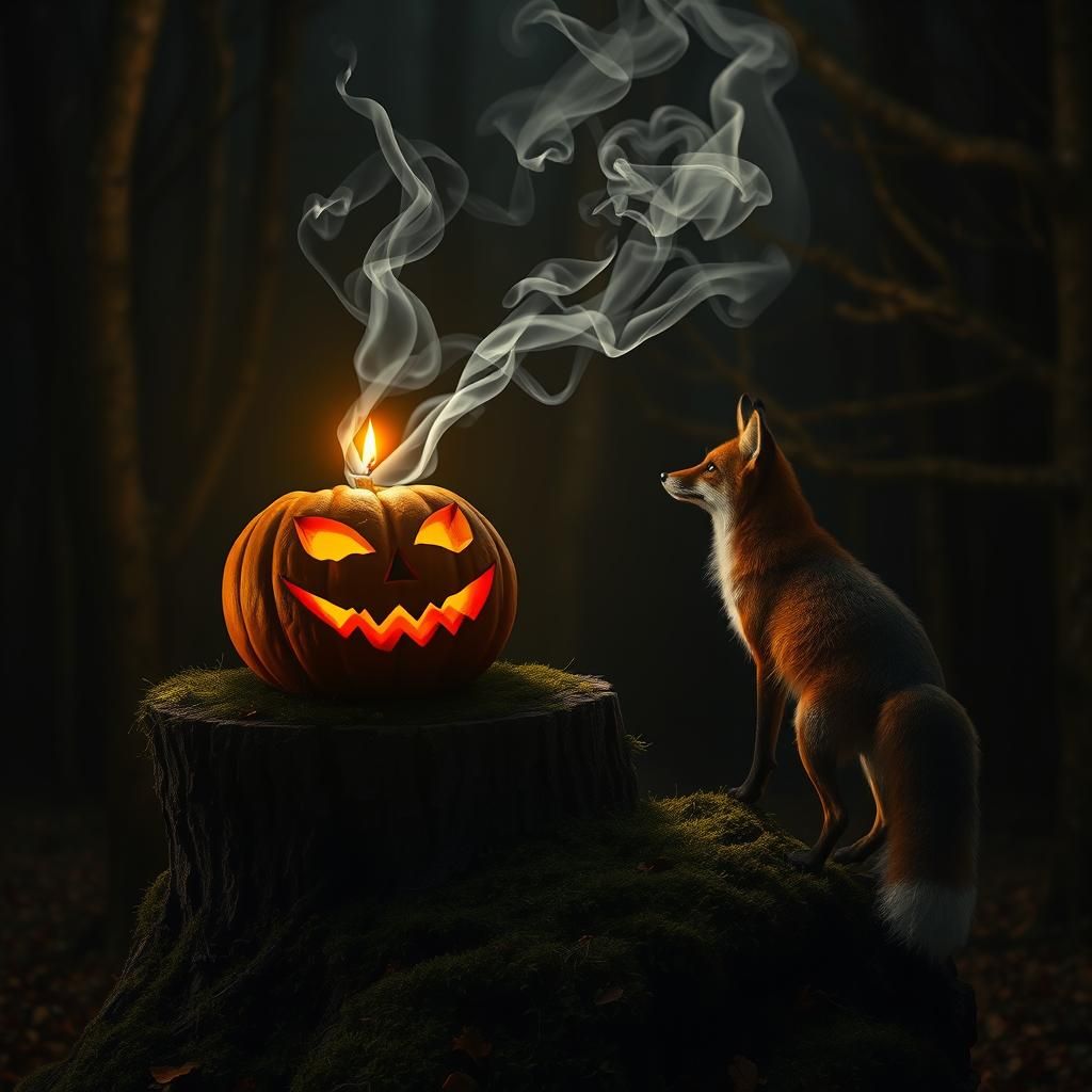 Fox Watches Ghostly Pumpkin in Autumn Forest