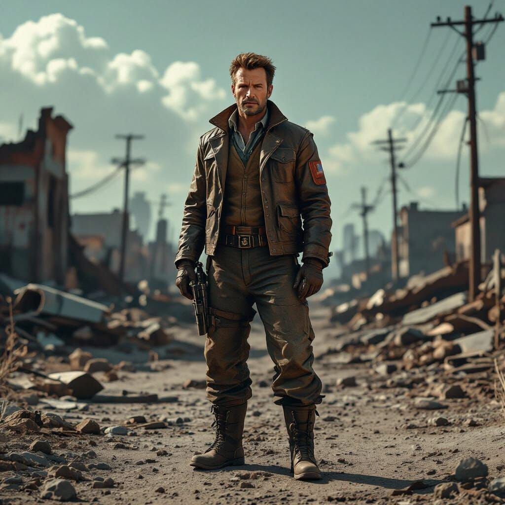 Man in Post-Apocalyptic World in Film Noir Style