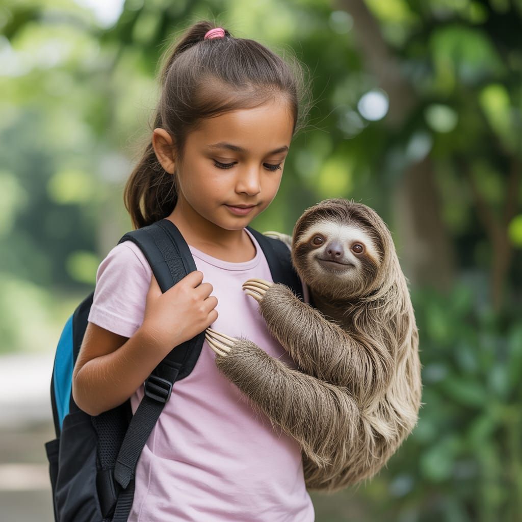 Girl Adjusts Backpack While Carrying Sloth Companion