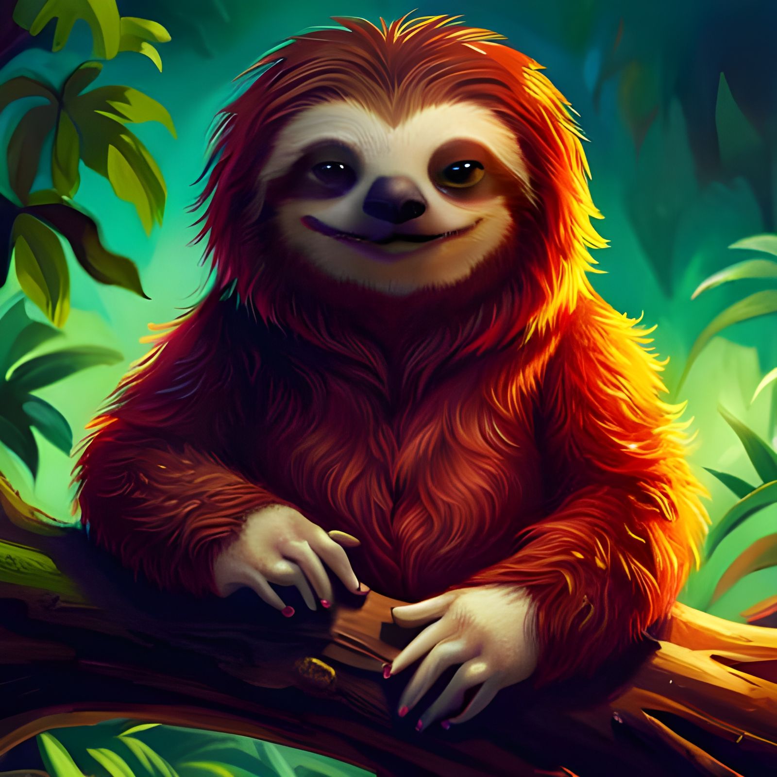 Cute Fluffy Sloth in Tree: Digital Art