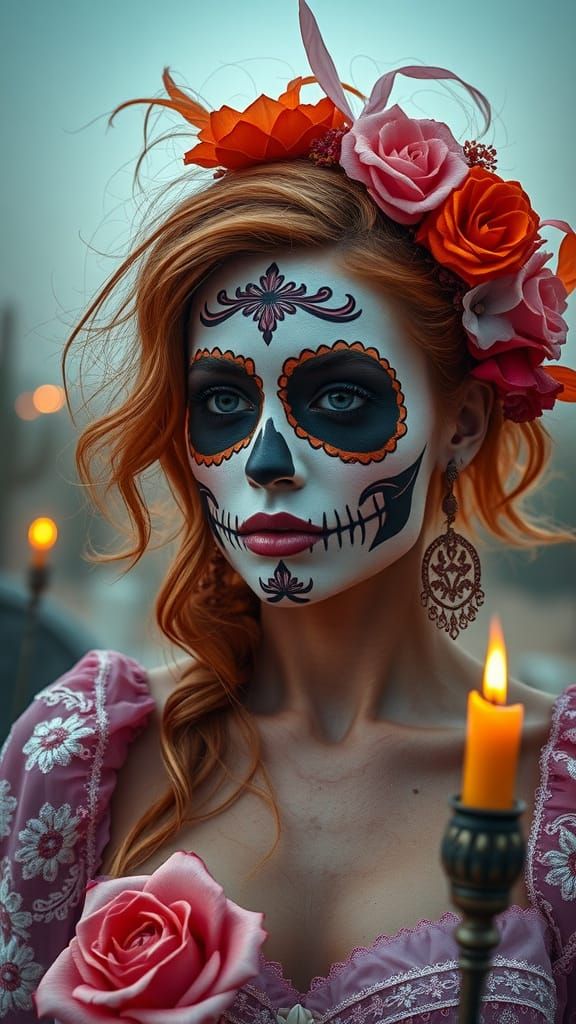 Dia de los Muertos Sugarskull Woman in Foggy Graveyard