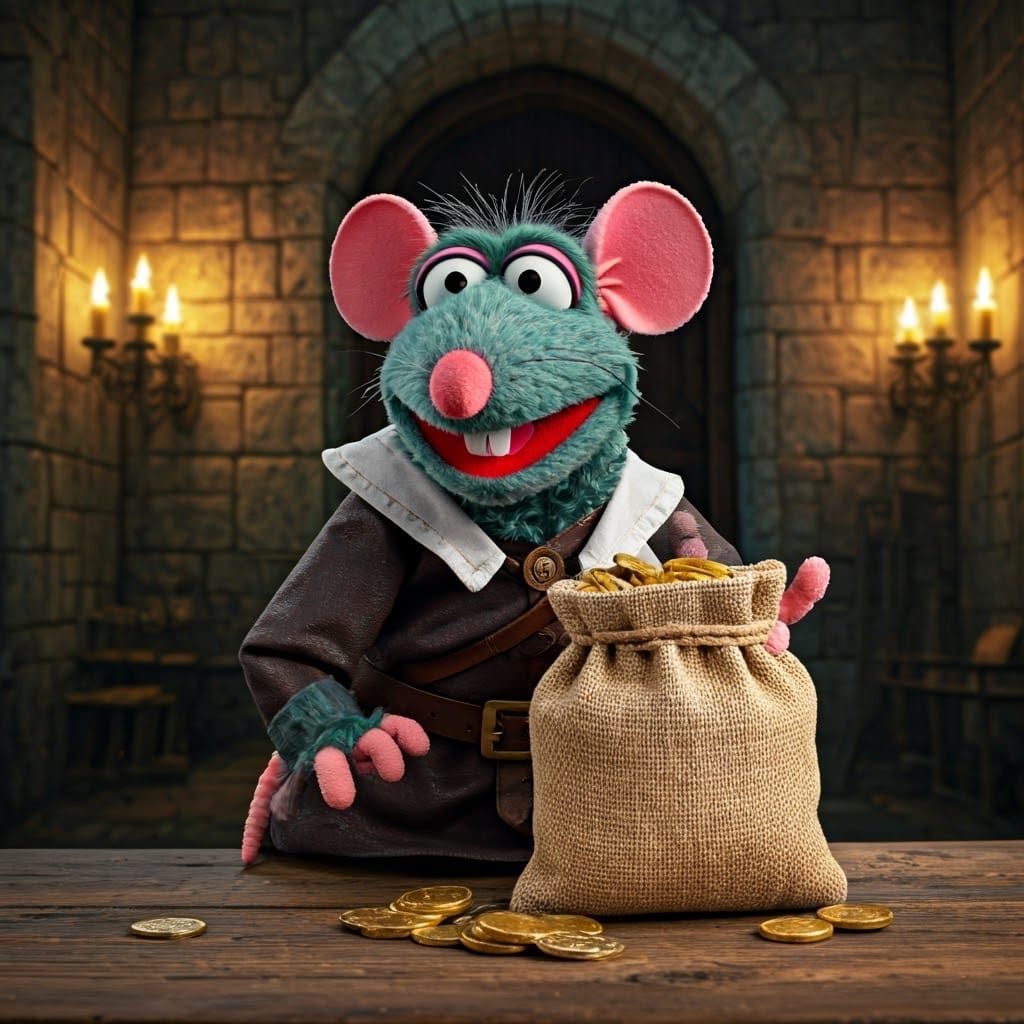 Rizzo the Rat Muppet as the Sheriff of Nottingham with a bag...