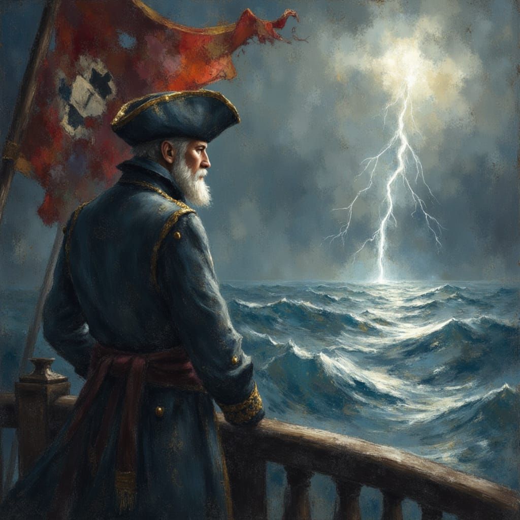Pirate Captain Gazes at Stormy Sea in Chalk Drawing Style