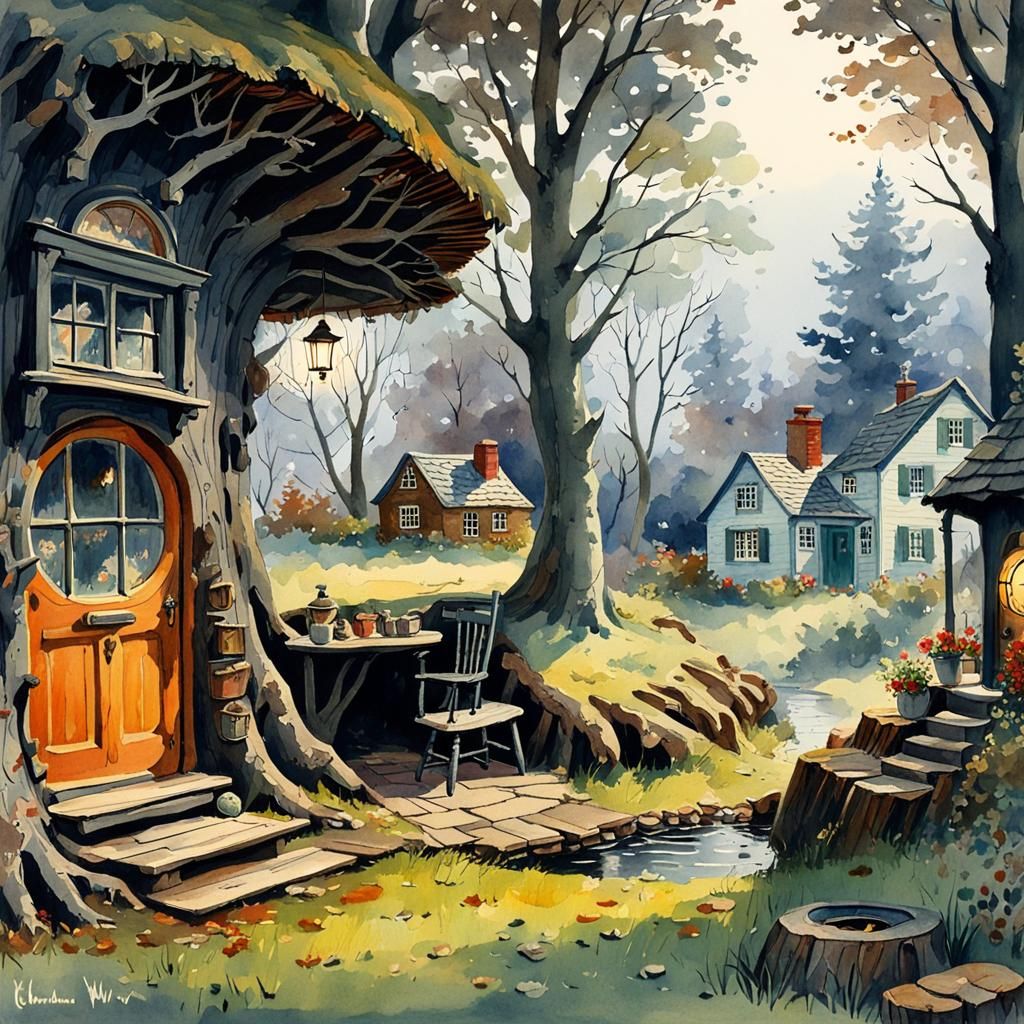 Cozy Miniature Treehouse in Stained Glass Style