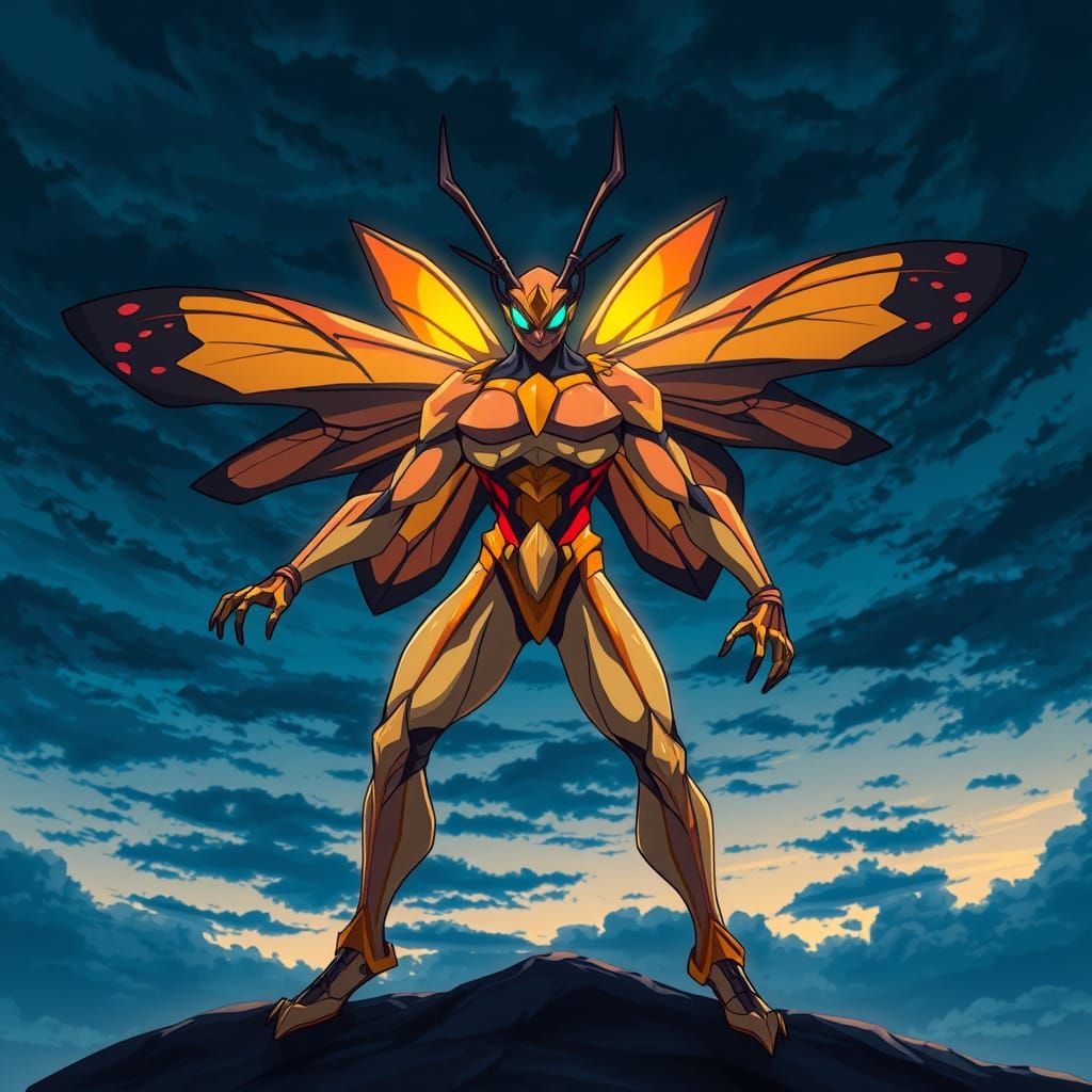 Majestic Moth-Man Hero Stands Against Vibrant Evening Sky