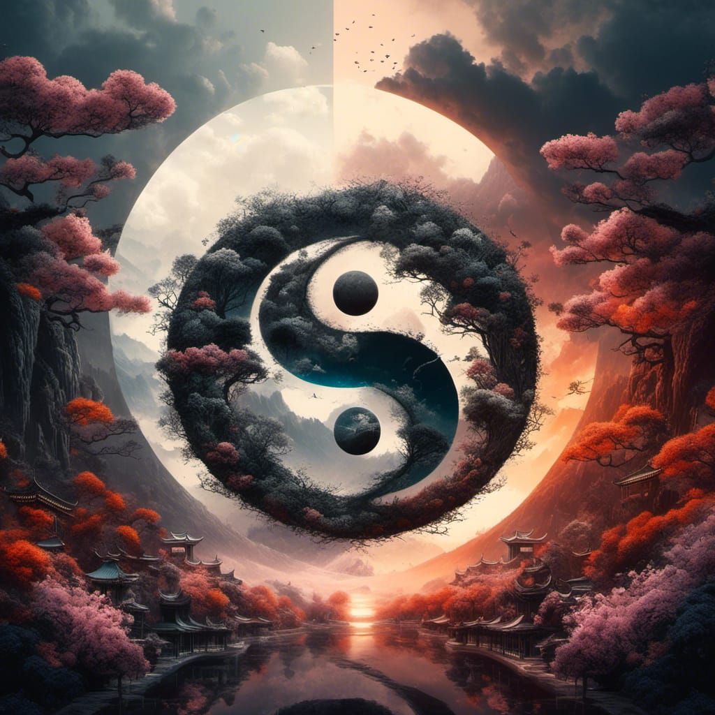 Yin Yang Symbol in Japanese Sakura Garden