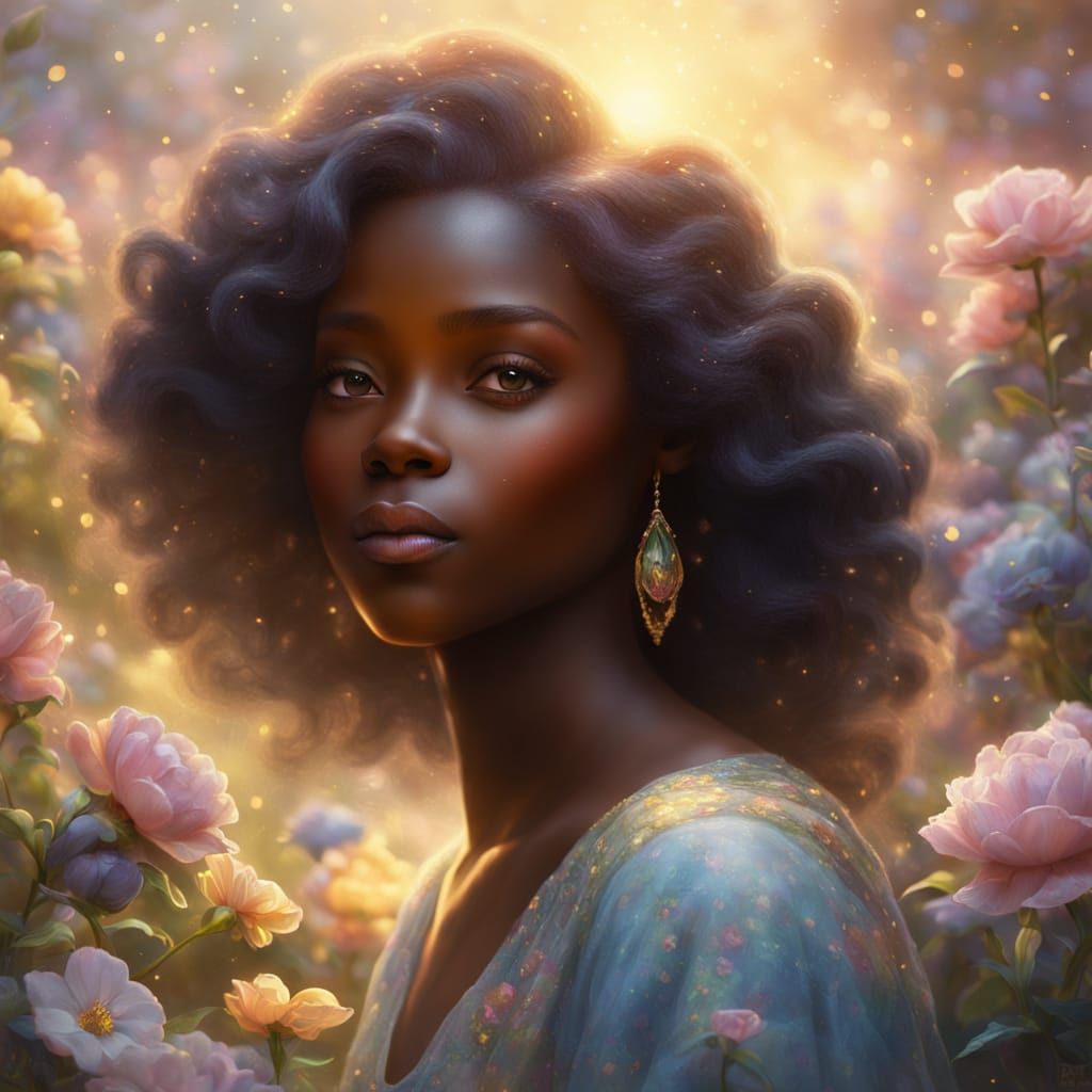 Ethereal Fantasy: Dark-Skinned Beauty Born from Flowers