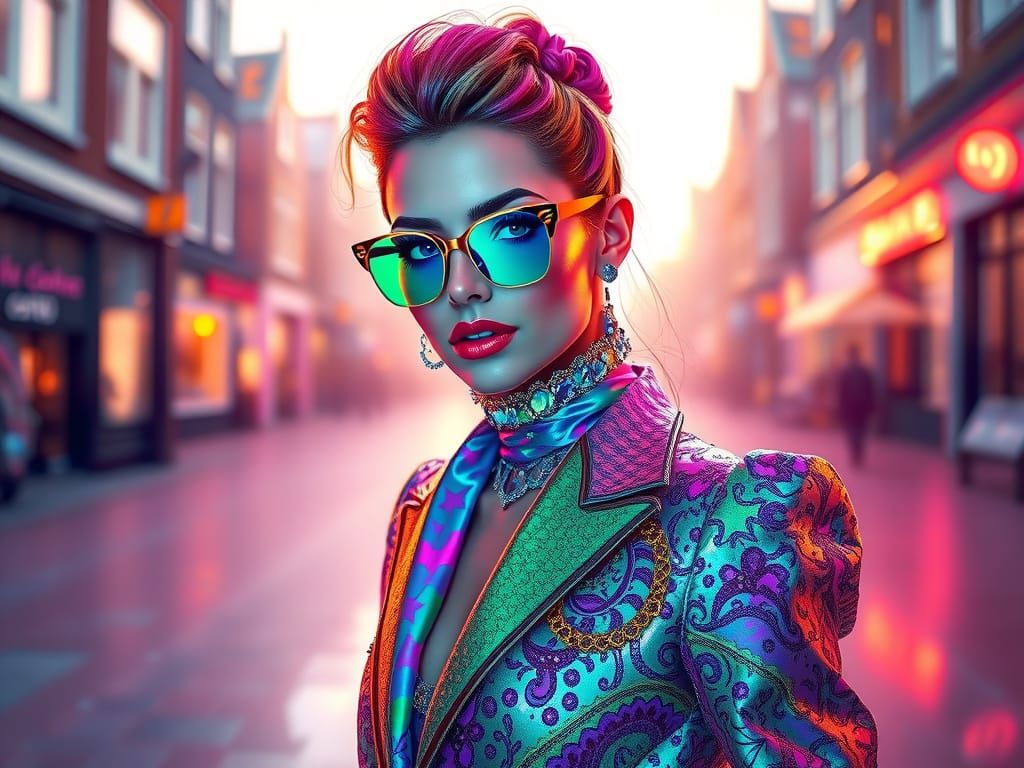Surreal Luxury Fashion Portrait in Vibrant Prism Aura