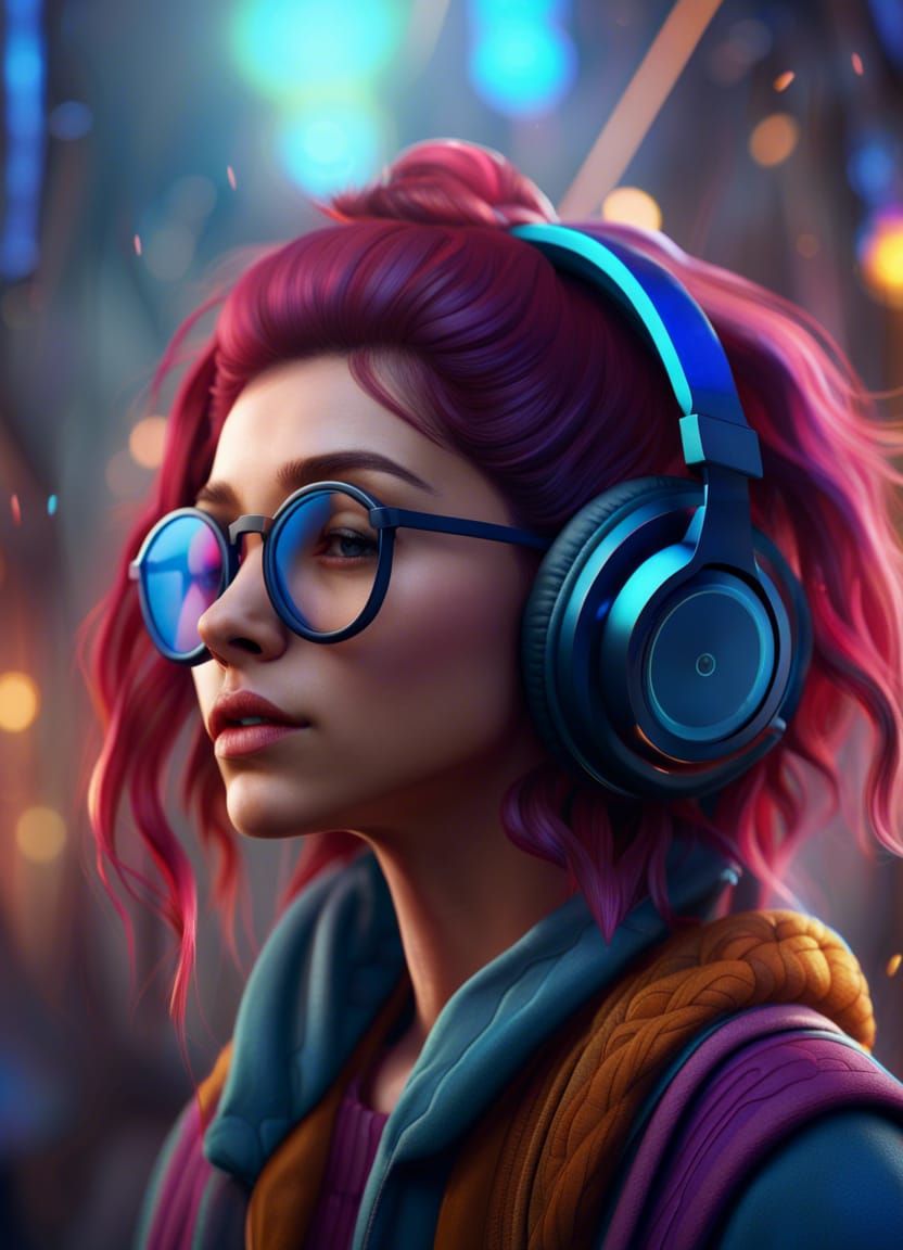 Hipster Girl Listening to Music in Detailed Matte Painting