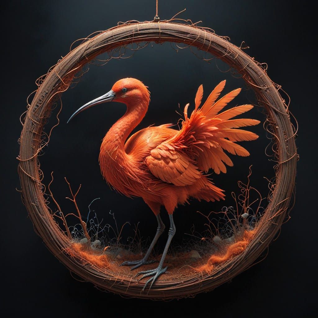 Ethereal Scarlet Ibis Trapped in Surreal Web of Satin Thread...