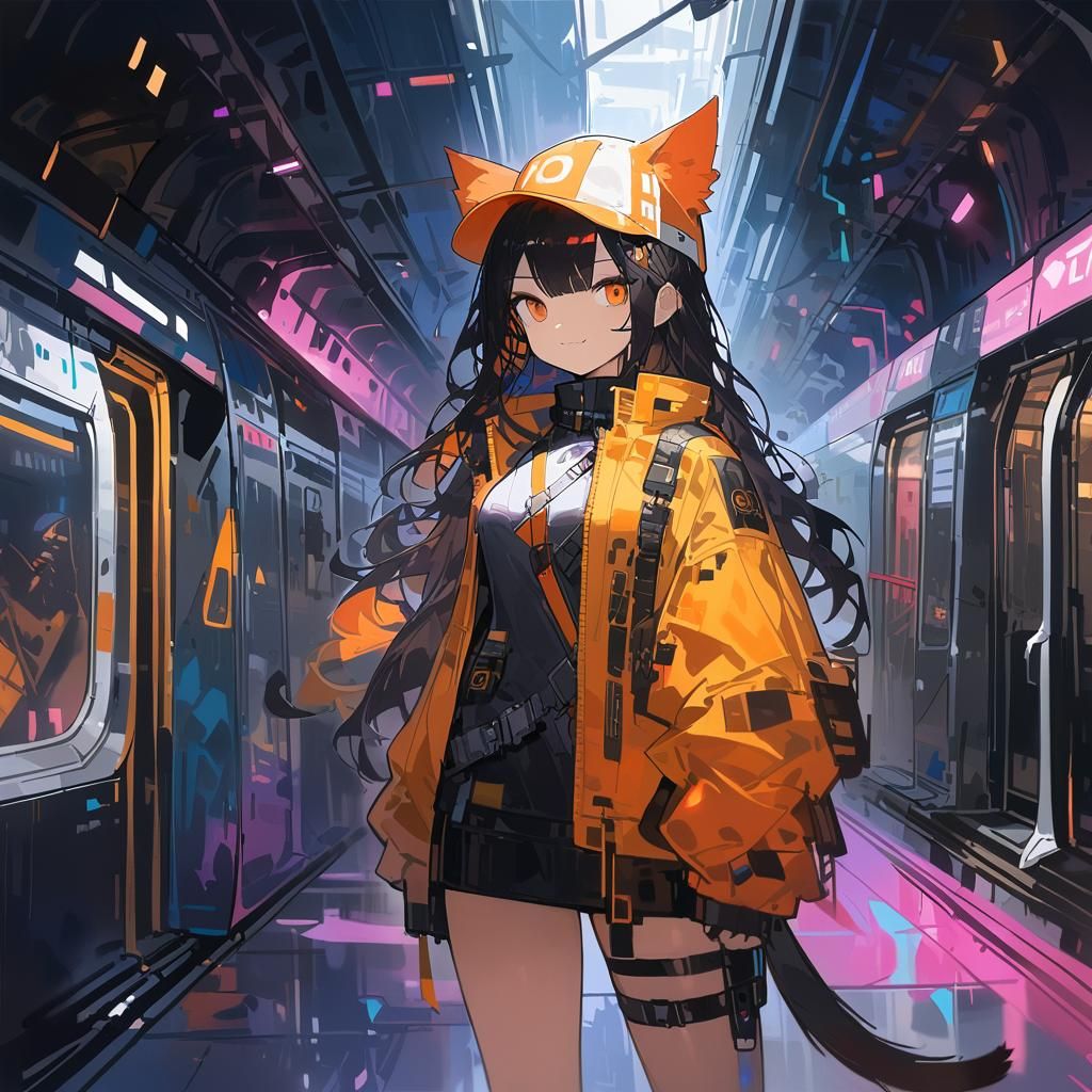 Cyberpunk Railfan Girl in Watercolor Painting